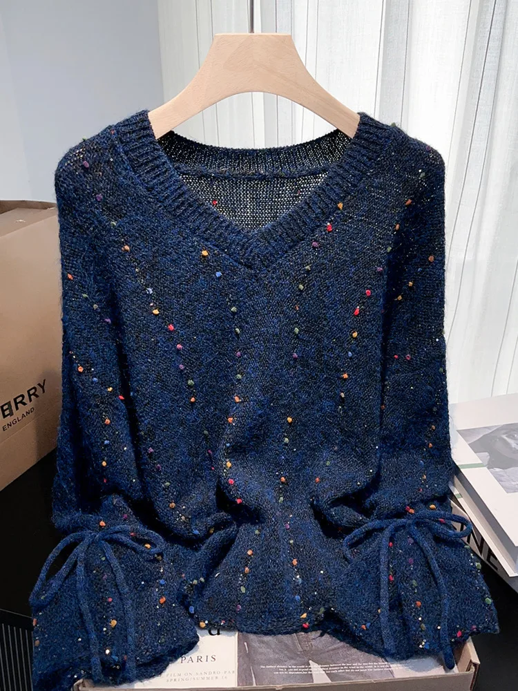 

2025 Autumn New Arrivals Casual Sweet Solid Color High-end V Neck Chic Loose Knitwear Sweater Oversized Crochet Top For Woman