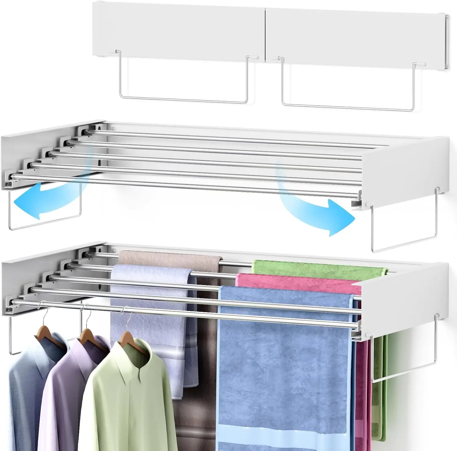 

Foldable Wall Mounted Drying Rack with 5 Rods, 2 Towel Handles for Indoor Outdoor Laundry Hanging