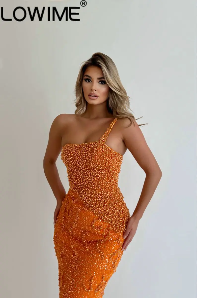 Orange Long One Shoulder Evening Dresses Sexy Beaded Straight Fitted Party Dress Sparkle Sequins Prom Gowns Night Dinner Robes