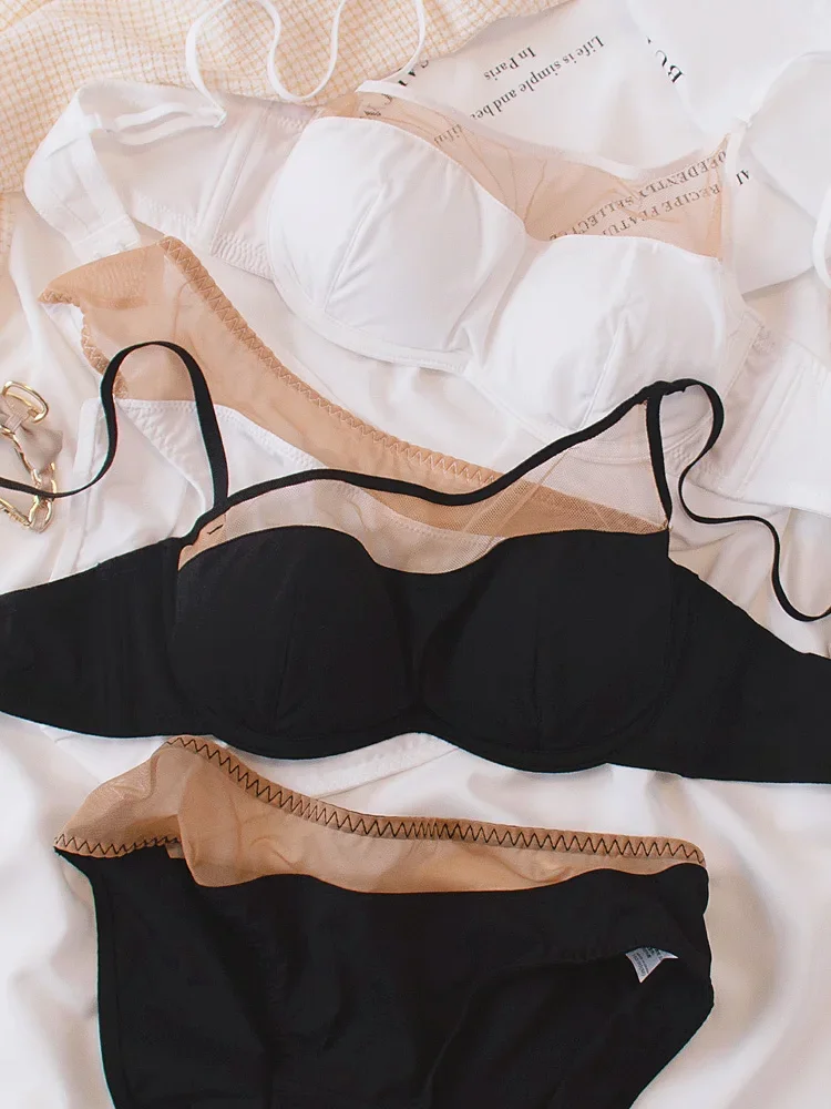 

Женское нижнее белье, тонкая сетка, марлевый бюстгальтер-бюстье, сексуальный комплект нижнего белья, новый черный, белый женский костюм без косточек и трусиков