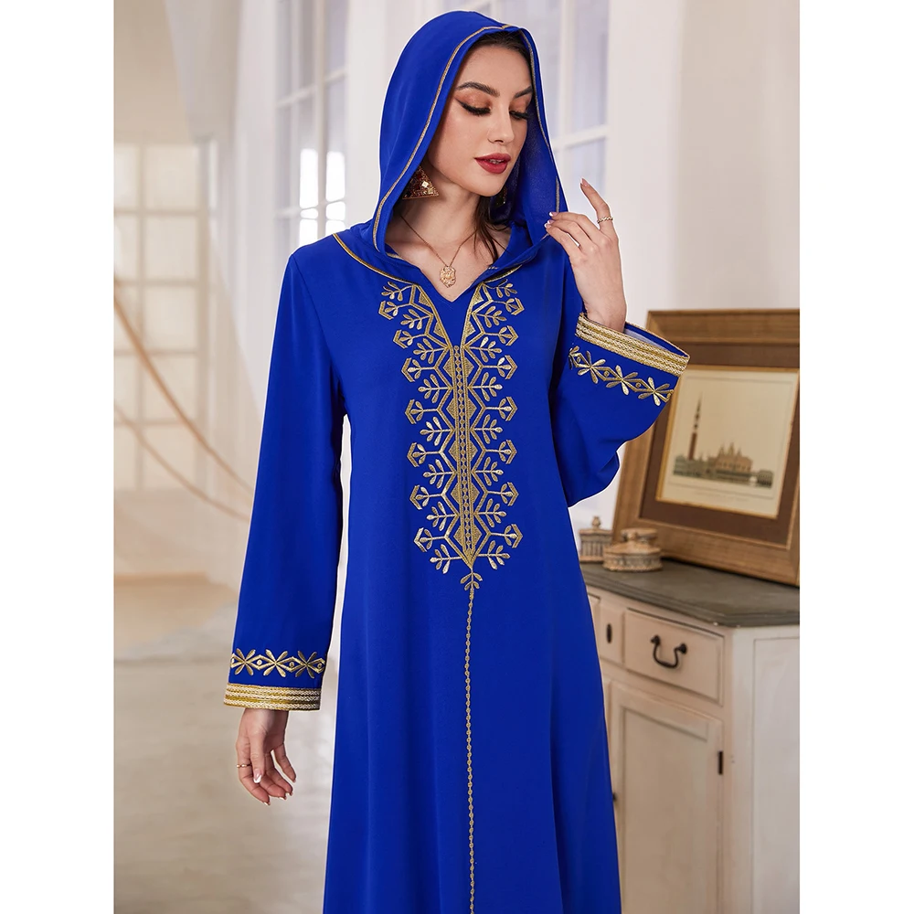 Imagem -03 - Gulf Marroquino Abayas Eid Vestido Longo para Mulher Azul Real Dubai Luxo Ouro Bordado Kaftan Caftan Marocain Abaya