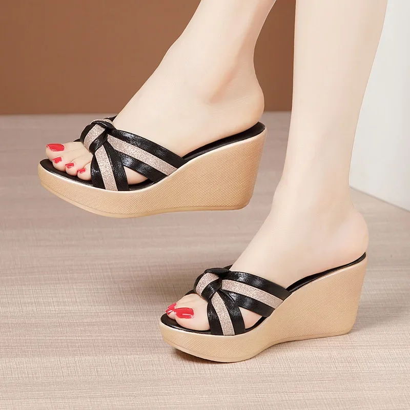 8cm Comfortable Small Size 32-43 Bow Stripe Platform Wedges Slippers Women Shoes 2022 Summer High Heels Slides Outside Office