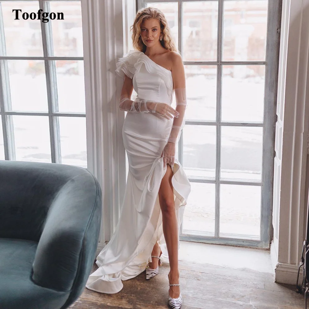 

Toofgon Mermaid Soft Satin Bride Dresses Tiered One Shoulder Nude Tulle Back Wedding Dresses Women Bridal Gowns robe de mariée