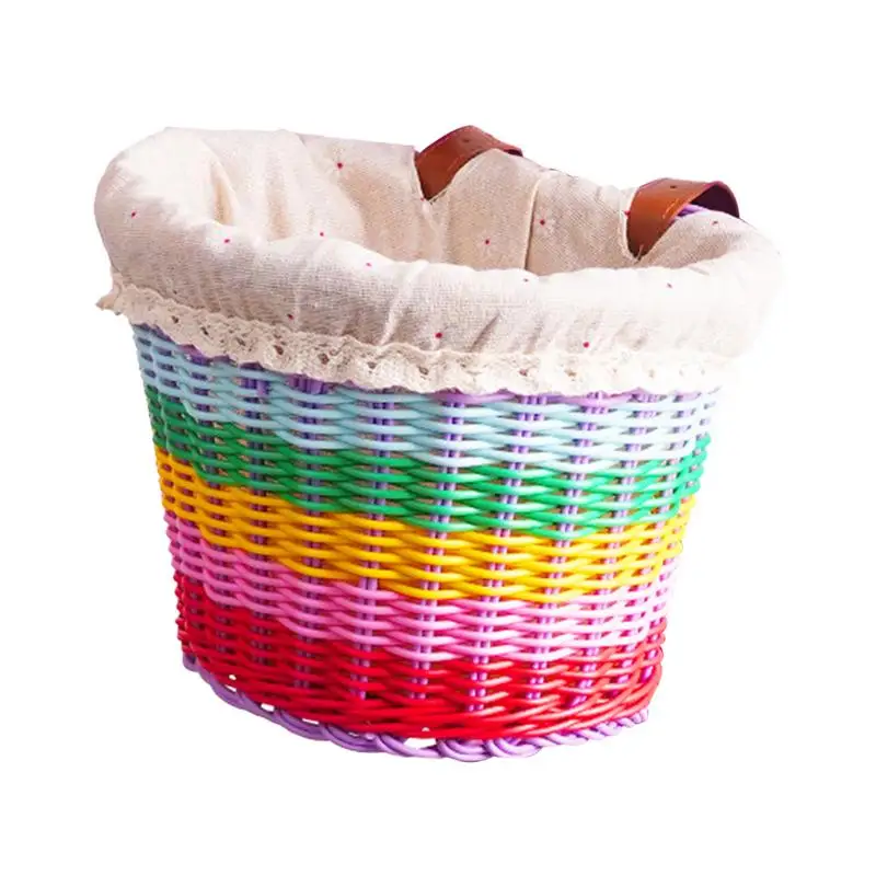 Kids Rainbow Bike Basket Front Decoration with Adjustable Straps Woven Basket Children Bicycle Basket for Kids Street Biking