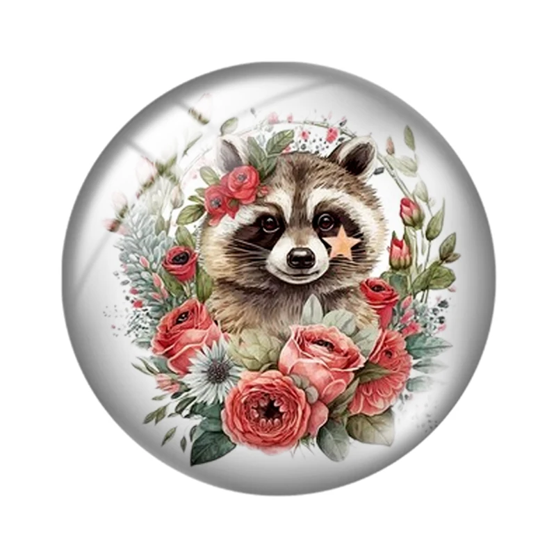 Watercolor Raccoon Floral 10pcs 12mm/18mm/20mm/25mm Round photo glass cabochon demo flat back Making findings