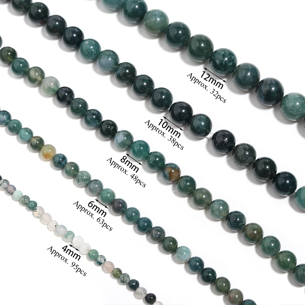 1 Strand Natural Stone Green Moss Agate Beads Round Genuine Stone Beading Loose Gemstone for DIY Charm Bracelet Necklace Earring