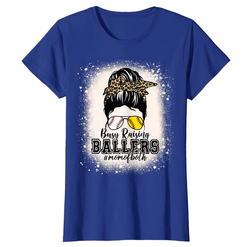 Messy Bun Mom of Both Baseball Softball Busy Raising Ballers T-Shirt Mother's Day Gifts Graphic Tee Tops Aesthetic Clothes