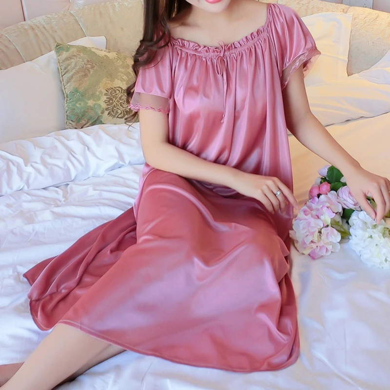 

Imitation Ice Silk Long Sleepwear V-neck Sleepwear Nightdress Homewear Nightwear Pyjamas Female Short Sleeve Nightgown Loose