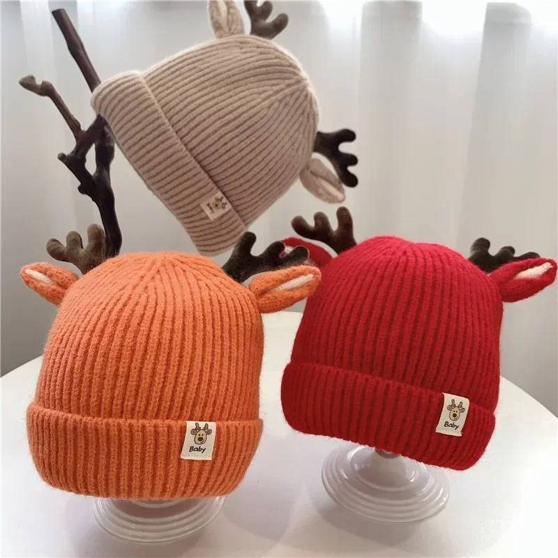 Autumn Winter Knitted Baby Beanie Cute Deer Ear Thick Warm Hat Solid Color Baby Girl Boy Ear Protection Cap Christmas Gift