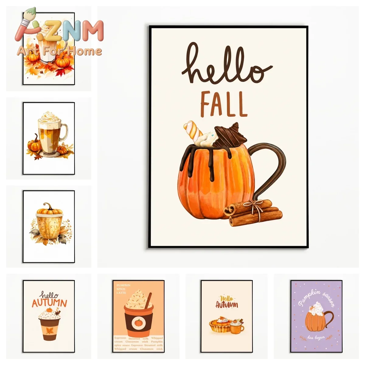 1PC Autumn Pumpkin Spice Latte Poster Hello Fall Wall Art Thanksgiving Day Canvas Printing Festival Gift Kitchen Beverages Decor