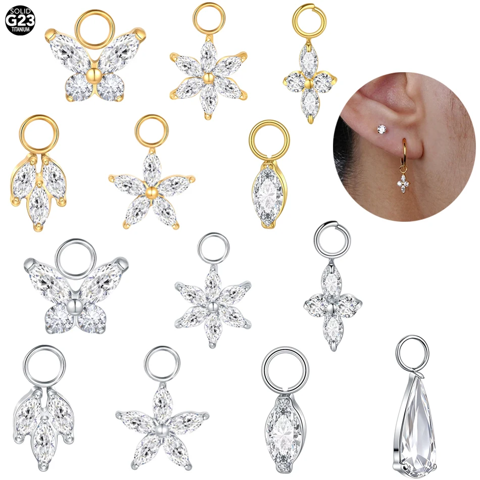1 Stück G23 Titan Zirkonia Blumen-Schmetterling-Stern-Anhänger für Ohrhänger, Creolen, Piercings und Körperschmuck