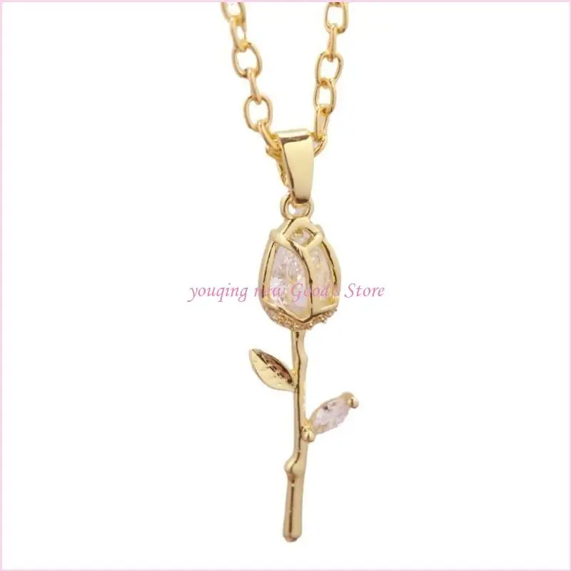 57QA Stylish Gold Tulips/Rose Pendant Necklace with Crystals Accent Portable Accessory for Enhancing Your Everyday Outfits