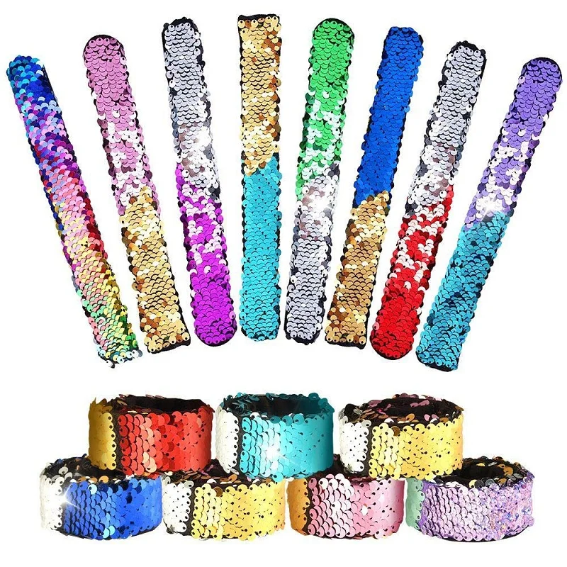 Magic Paillette Mermaid Patted Bracelets Two-Color Sequin Reversible Glitter Slap Bracelets Charms Wristband for Kids Grownups