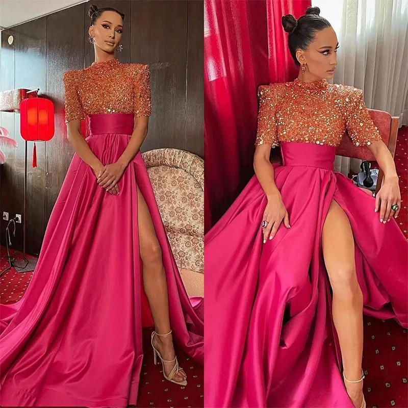 Rosy Pink A Line Prom Dresses Sequins High Neck Evening Dress Sweep Train Formal Split  Long Special Occasions Party dress