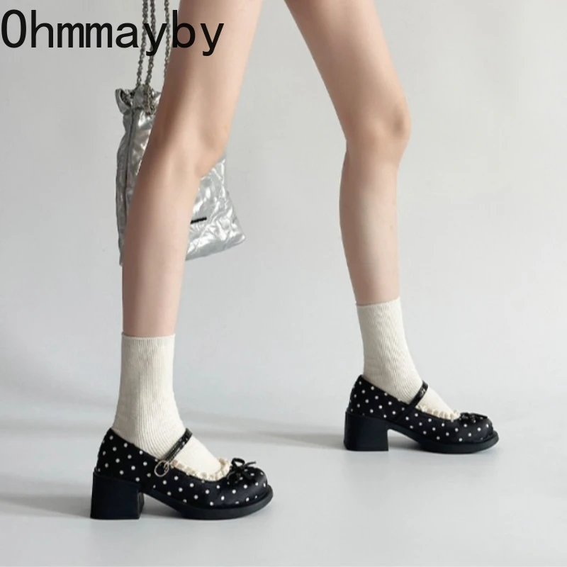 Cute Polka Dot Thick Heel Women Mary Jane Shoes Comfort Shallow Strap Pumps Ladies Eelgant Butterfly-knot Dress Single Shoes view 4