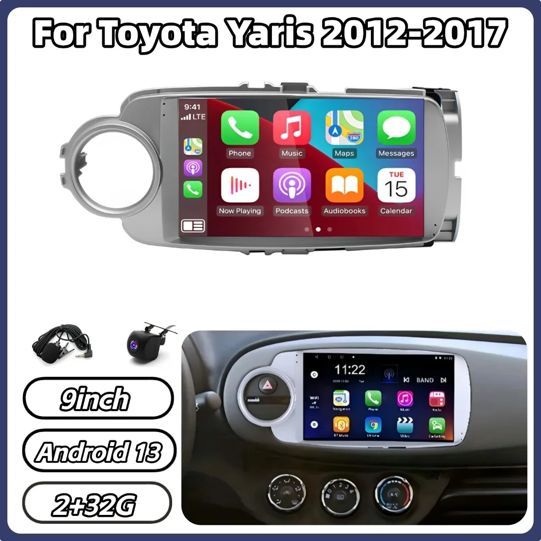 

9in 2+32G Android 13 Car Stereo GPS Navigation For Toyota Yaris 2012-2017 Wireless For Carplay Android Auto Radio Bluetooth WiFi