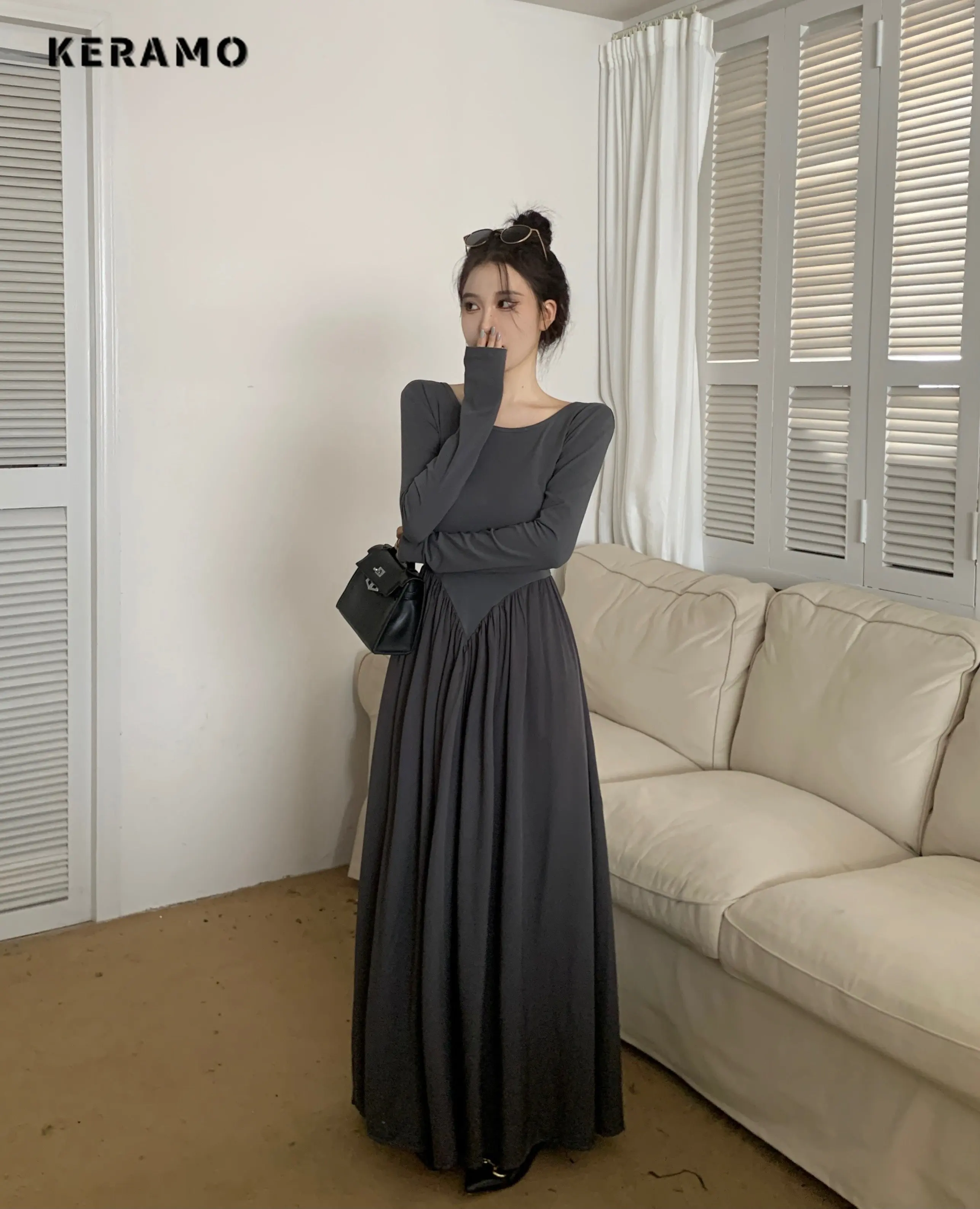 2023 Summer High Street Long Sleeve Round Neck Solid Color Long Dresses Women's Causal Gothic Sheath High Waist Pleated Dress