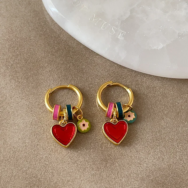 

Trendy Earring Colorful Enamel Red Heart Round Circle Pendant Hoop Earrings for Women Ladies Gold Plated Hooks Party Jewelry