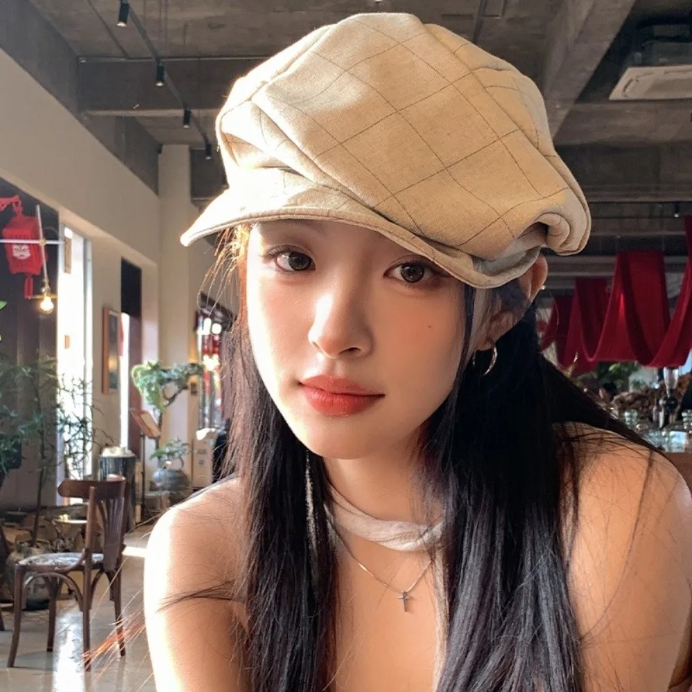 

Korean Vintage Plaid Beret Cloud Newsboy Octagonal Cap Artist Visor Peaked Hat Women