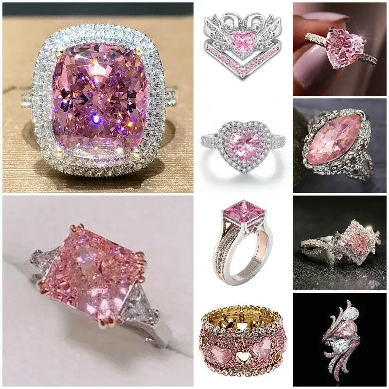 Fashion Big Pink Stone Ring Charm Jewelry Women CZ Wedding s Promise Engagement Ladies Accessories Gifts Z4K146