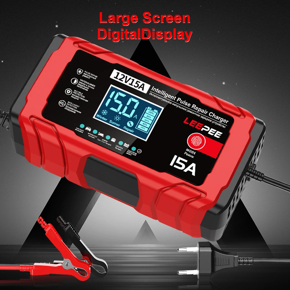 Maintenance Car Motorcycle Battery Charging Multifunctional Intelligent Pulse Repair Lead-Acid Smart Battery Charger 12V 15A 12A