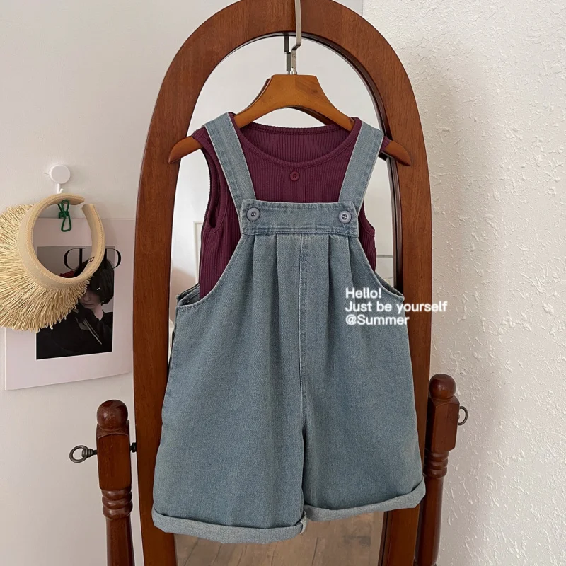 

New Girls' Ribbed High Elastic Tank Top Washed Camisole Soft Jeans Two-Piece Summer Outfit Set
