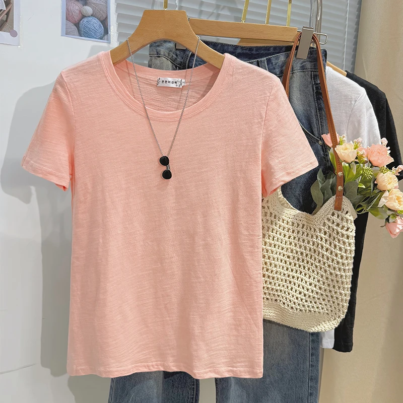 AOSSVIAO Koreanischer Stil Lässiges, lockeres O-Neck-Oberteil 2026 Sommer Slub-Baumwolle Kurzarm Damen T-Shirt Lässiges, vielseitiges einfarbiges T-Shirt