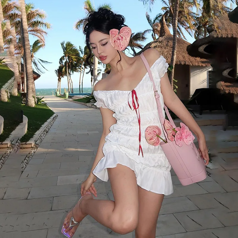 

Weird Puss Bow Appliques Dress Woman Summer Sexy Drawstring Elastic Short Sleeve Chic Pleated Party Streetwaer Skinny Bodycon