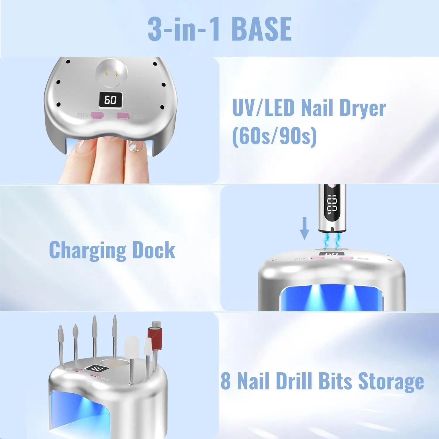 コードレス電動ネイルドリル 35000RPM UV LEDランプ付き、マニキュアペディキュアキット Eファイル アクリルジェルディップパウダー用 シルバー