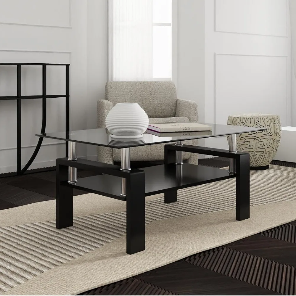 Mesa de centro de vidrio transparente con estructura de tubo de metal, diseño elegante totalmente negro para salas de estar modernas