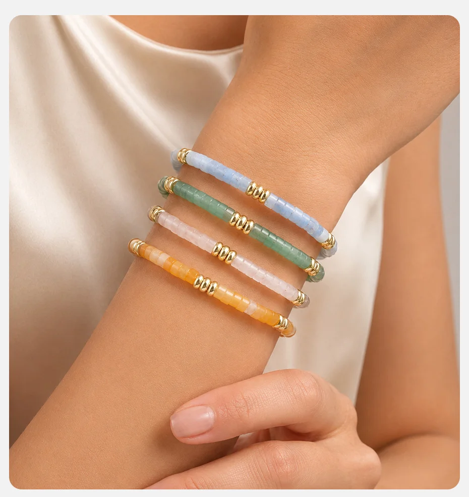 Vnox Handgefertigtes Naturstein-Jade-Perlenarmband für Frauen, Edelstahl-Aquamarin-Stein-Abstandsperlen-Armband, Boho-Schmuck – Detail 2
