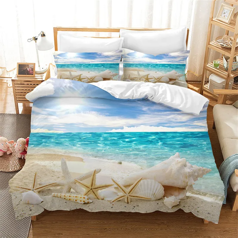 Beach Starfish Duvet Cover Microfiber Blue Ocean Creature Bedding Set Sea Shells Starfish Print Comforter Cover Single King Size