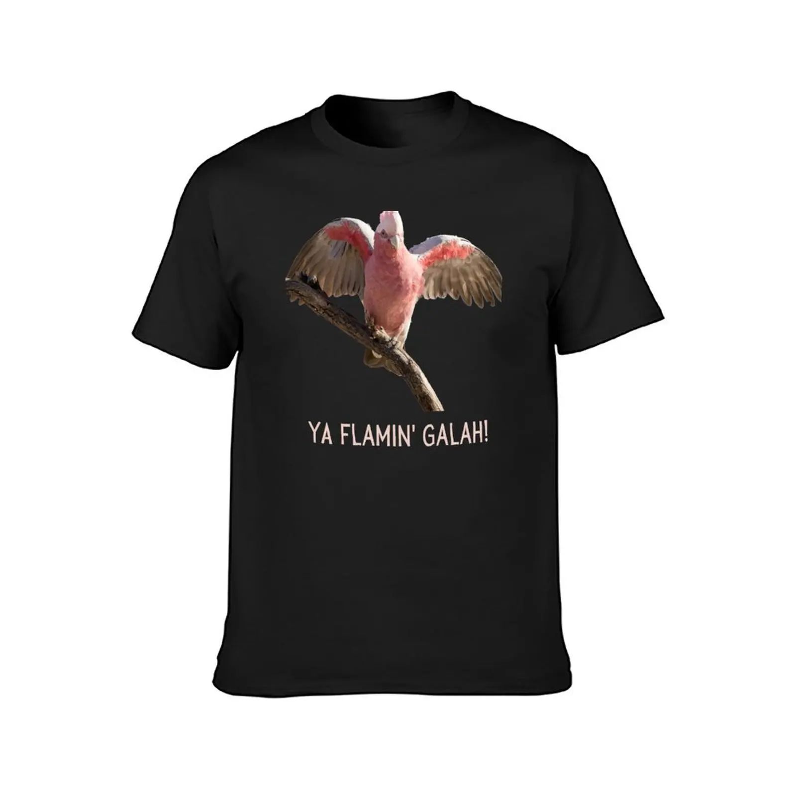 Ya flamin galah (You flaming galah). Photograph of pink and grey galah and light colour text. T-Shirt