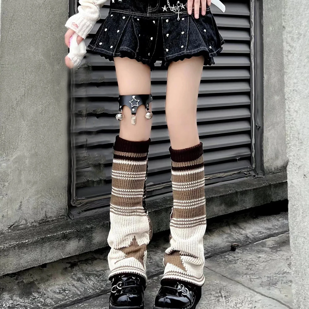 Y2K Punk rajutan penghangat kaki bintang Gothic Cross Harajuku wanita hati dua sisi memakai longgar pas kaki penutup kaus kaki JK paha tinggi Lolita