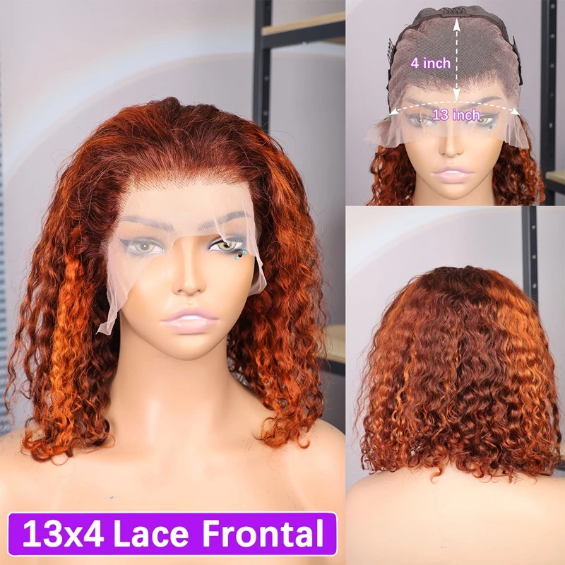 Выделите Ombre Рыжий Глубокая Волна 13x4 Прозрачный Парик Фронта Шнурка Боб Человеческих Волос 200% Плотность Волна Воды Вьющиеся Парики 16 дюймов # 4/350