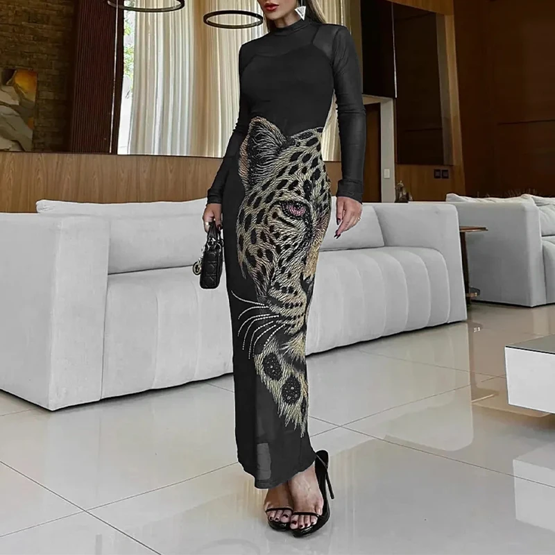 BKLD Fashion Two-piece Clothing Women Wild Sexy Leopard Pattern Rhinestone Splicing Long Sleeve Mesh Dress+Sling Tank Mini Dress image 3
