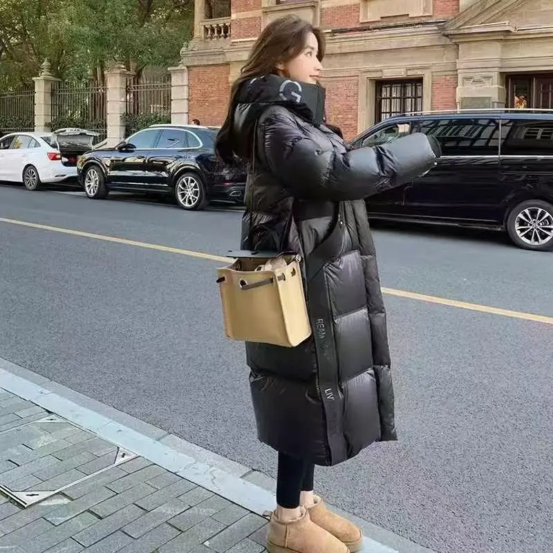 الشتاء الأسود مقنعين أسفل سترة المرأة منتصف طول الأبيض بطة أسفل معطف دافئ سميكة يندبروف خندق معطف طويل الأكمام سترة الثلوج #5