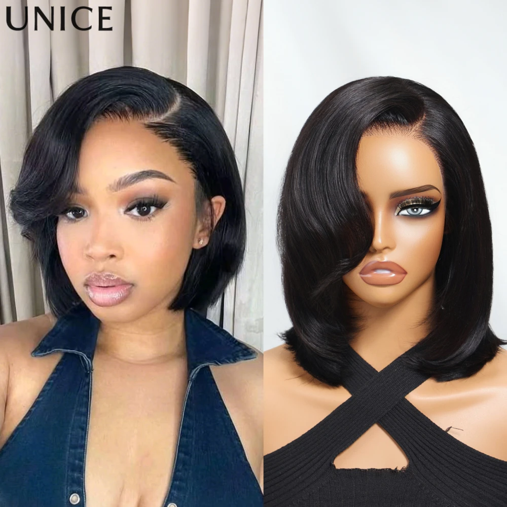

UNice No-Slip Cap 7x5 Lace Side Part Straight Bob Wig With Layers 100% Human Hair Glueless Wig