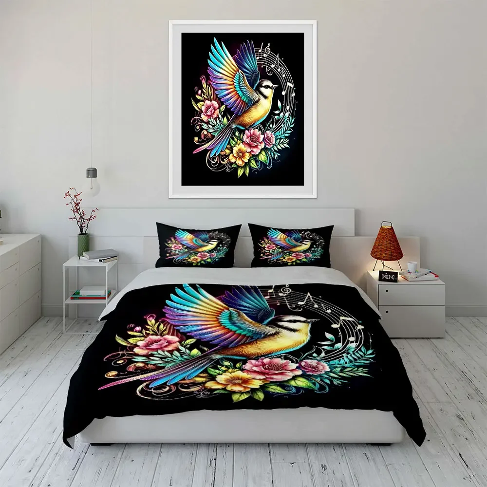 Colorful Bird Floral Wall Art Multiple sizes kid's and adults' bedroom Exquisite 3PC bedding set, gift