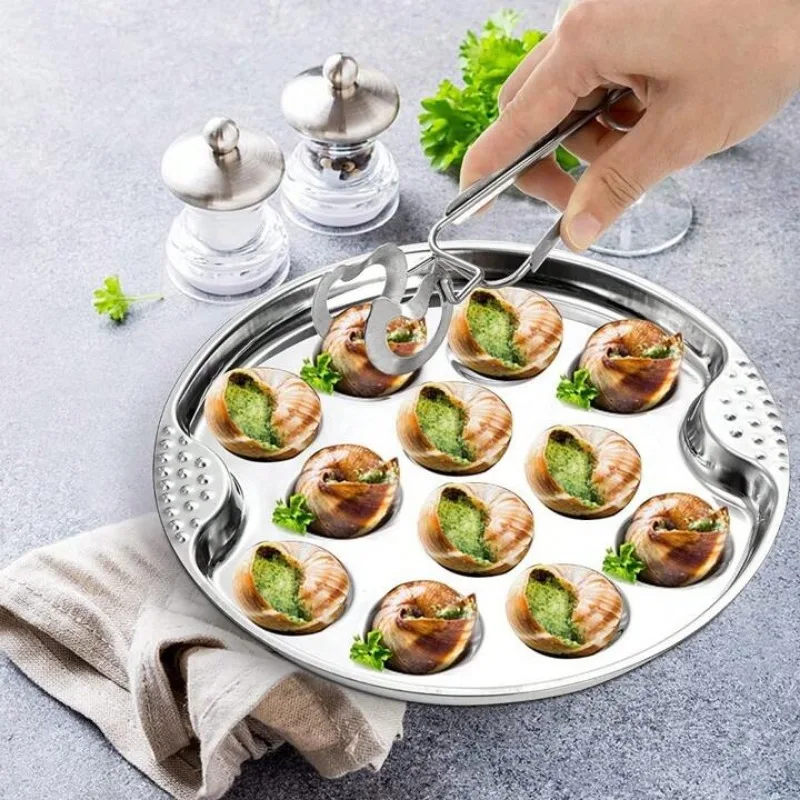 Stainless Steel Escargot Plates Seafood Snail Dish with Escargot Tong, Escargot Baking Dish Server for Home, Restaurant, Hotel