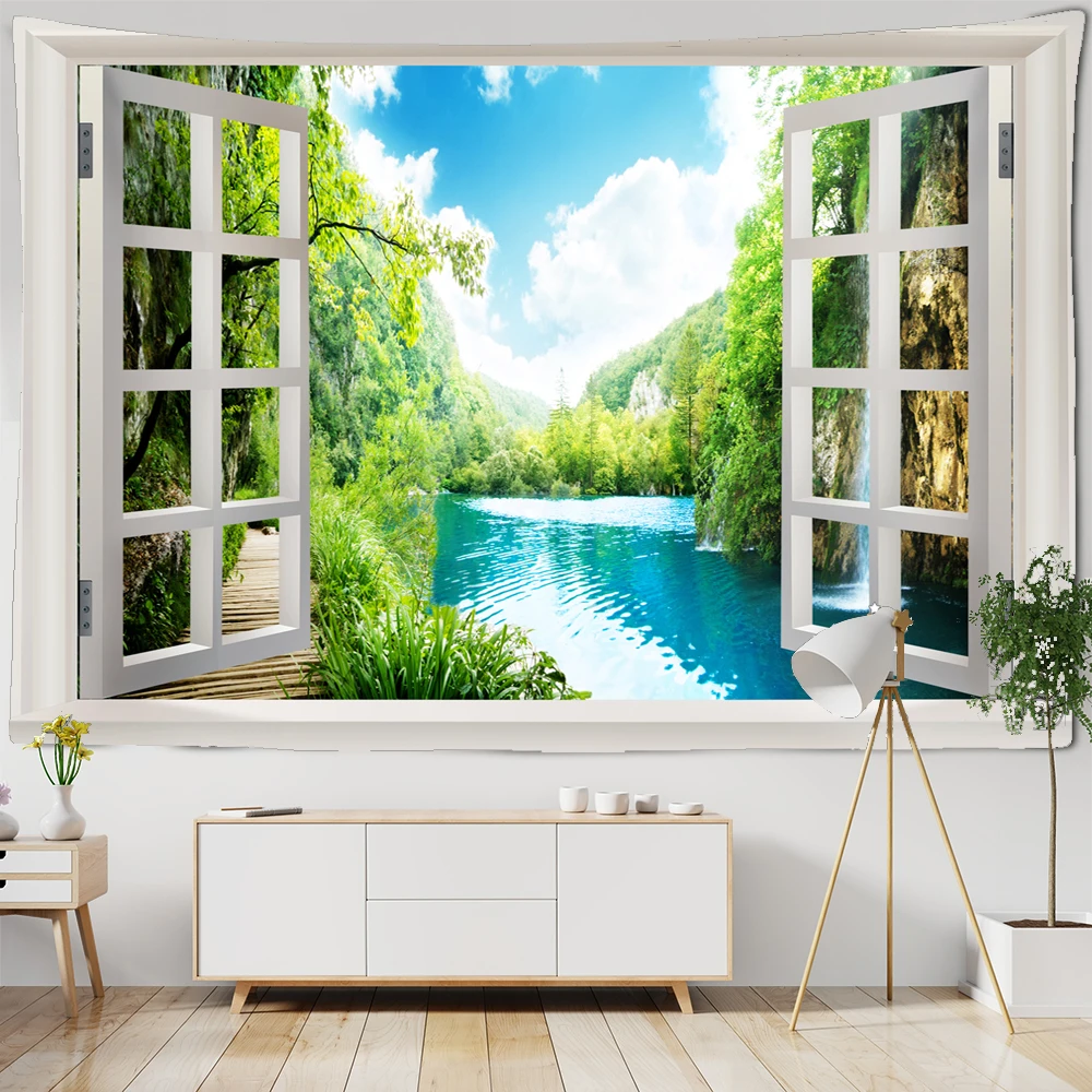 3D Window Scenery Tapestry Wall Hanging Hippie Art Boho Natural landscape Simple Bedroom Dorm Home Decoration Wall Blanket