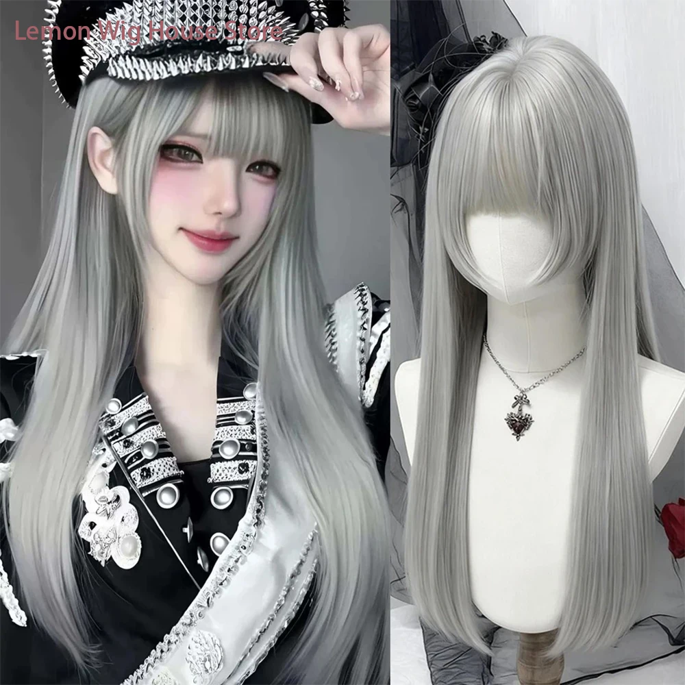 Long Straight Gray Synthetic Wig with Bangs Lolita Cosplay Wig High-Layered White Wig for Women Daily Cosplay Halloween Party