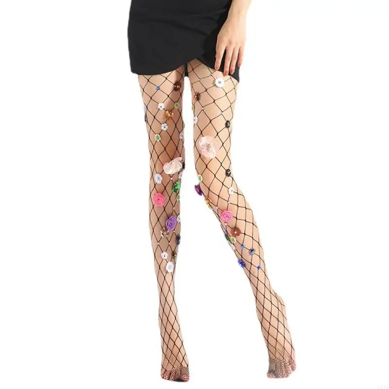 

L5YC Women Glitter Sequins Flower Mesh Tights Sexy Hollow Out Fishnet Pantyhose Multicolor for Rhinestone Jewelry Nightclub