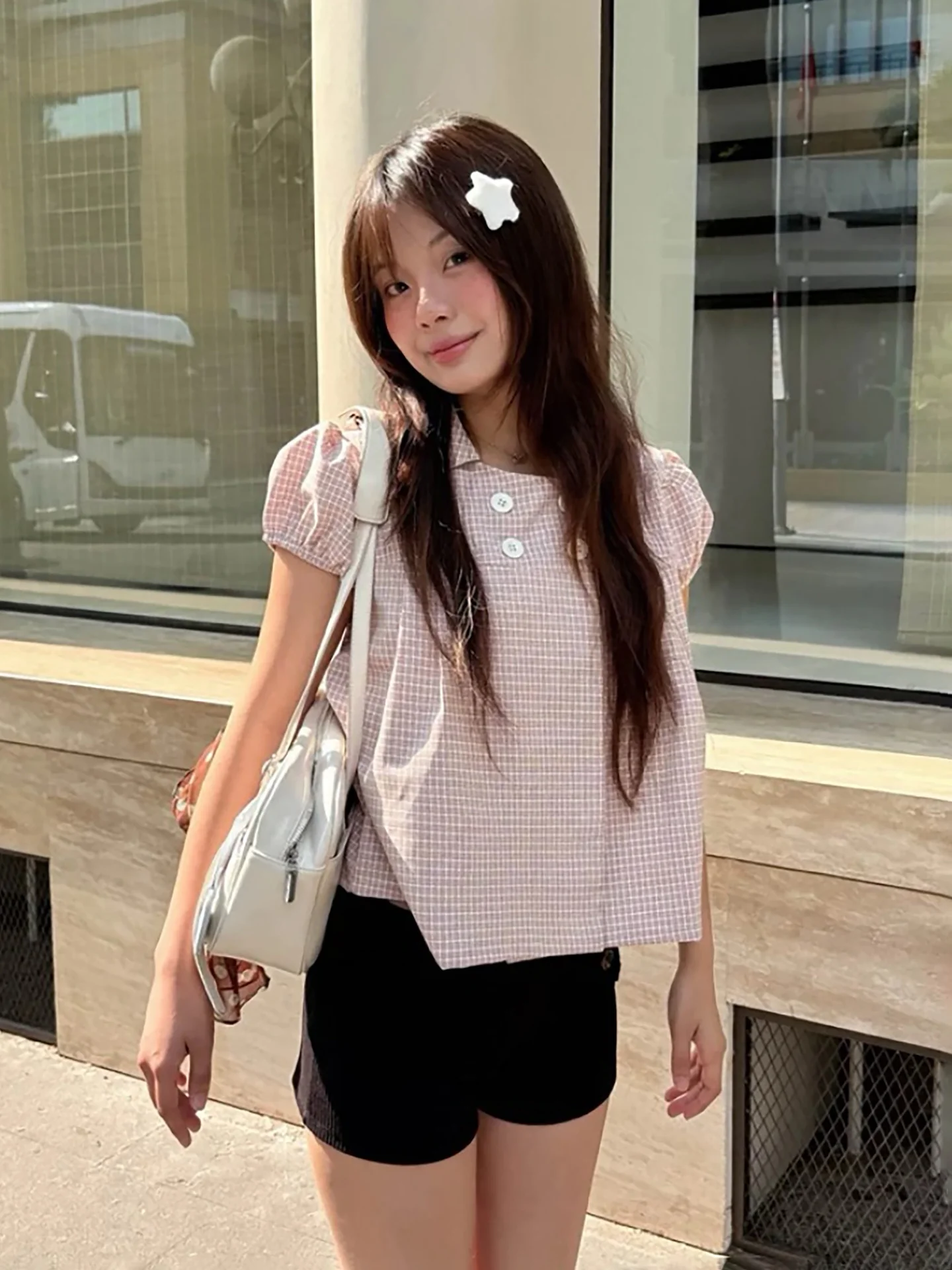

French Style Sweet Plaid Bubble Sleeve Doll Collar Shirt Unique Beautiful Button up Top for Women Daily Wear Polyester Fiber