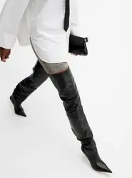 Sexy Women Black Soft Leather Crystal Wine Glasses Heels Pointed Toe Slim Over The Knee Boots Thigh Long Botas Shoes Size 34