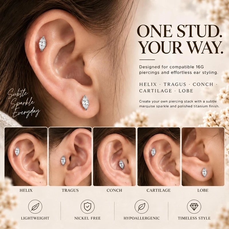 2Pcs ASTM F136 Titanium Single Tiny Marquise CZ 16G Internally Threaded Flat Back Labret Helix Tragus Piercing Labret Jewelry