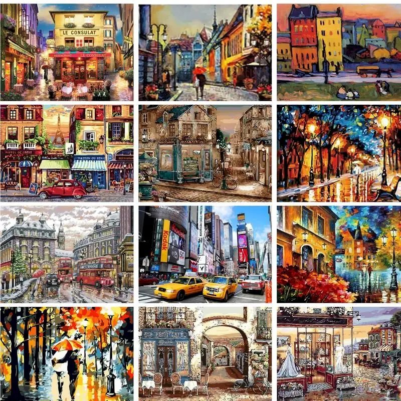 GATYZTORY Acrylic Painting By Numbers Retro Street Landscape For Adults Kids Gift Wall Art Handmade Acrylic Paints On Canvas