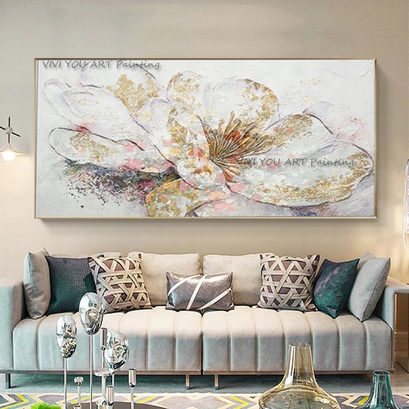 

Large White Flower Handmade Oil Painting Canvas Room Decor Picture Artwork Wall Art Poster Nature Draw For Living Room Bedroom