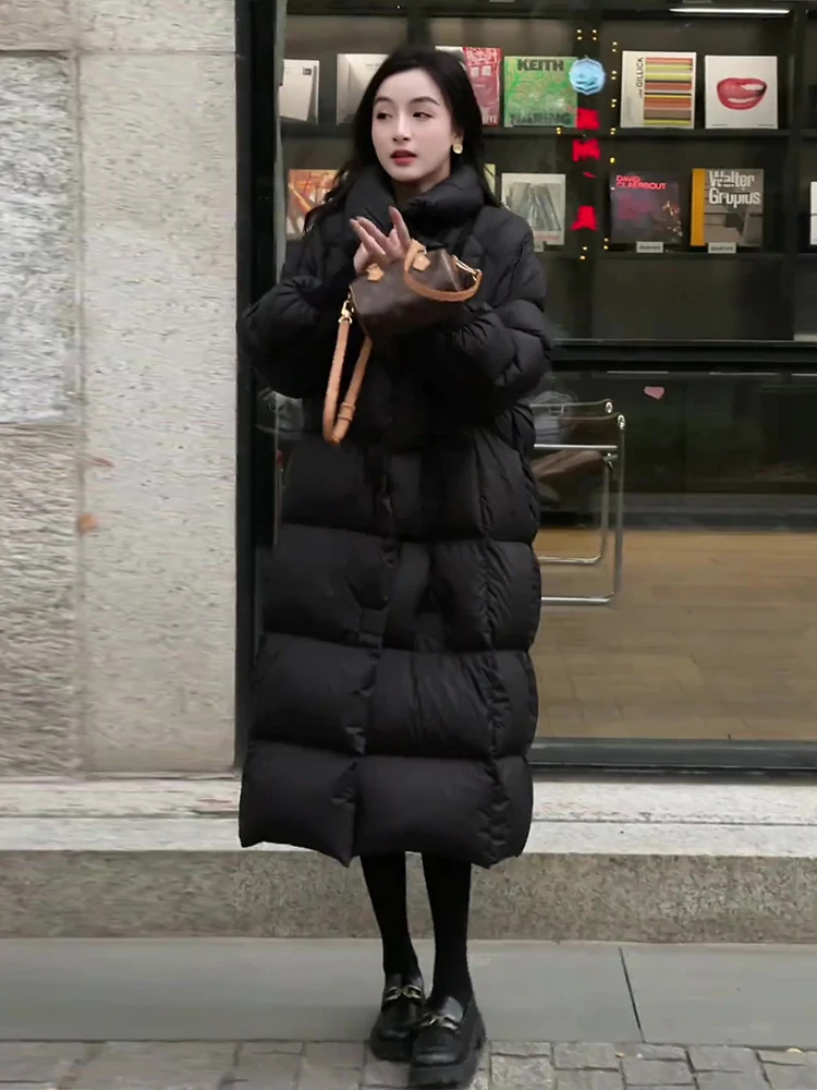 트렌디 롱 블라 듀 다운 패딩 재킷 여성 캐주얼 슬림 롱 스탠드 칼라 브레드 디자인 겨울 코트