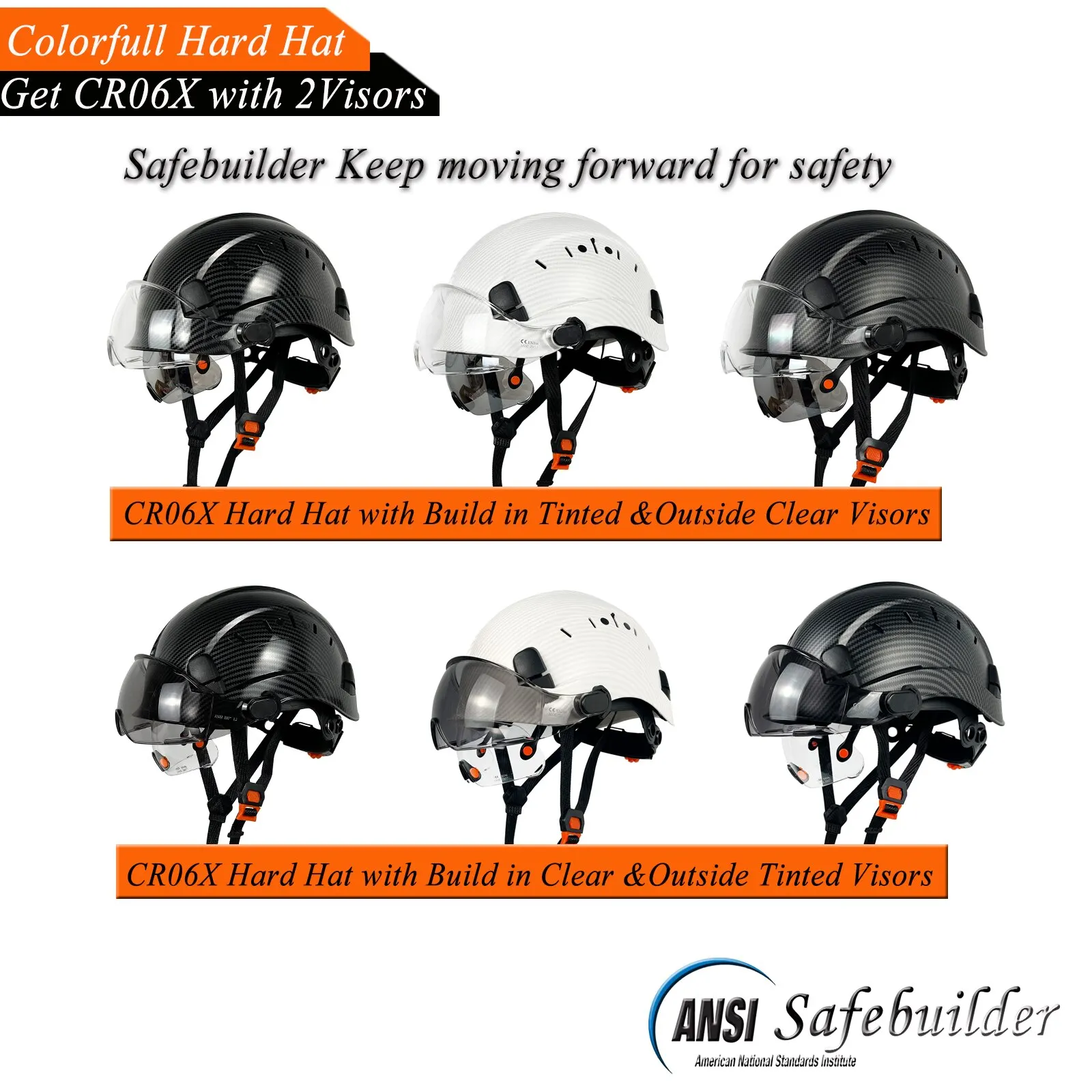 Carbon Fiber Pattern Safety Helmet Hard Hat with Visor Clear & Tinted Adjustable Vented ABS Work Helmet 6-Point Suspension ANSI